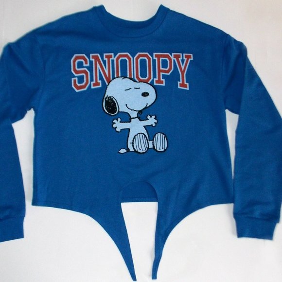 Licensed Snoopy Peanuts Tie-Front crop sweatshirt with big Snoopy S,M,L,XL,Blue - Picture 5 of 8